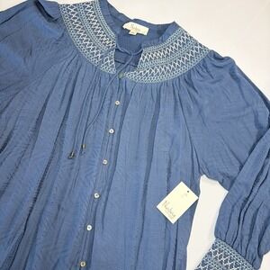 Nurture by Westbound Woman Blouse 2X Blue Smocked Boho Peasant Top NWT